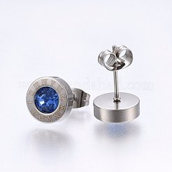 304ステンレススチールスタッドピアス  ラインストーン付き  ローマ数字とフラットラウンド  ミックスカラー  9x3.5mm  ピン：0.8mm  12のペア/カード&nbsp;EJEW-H362-10P-B