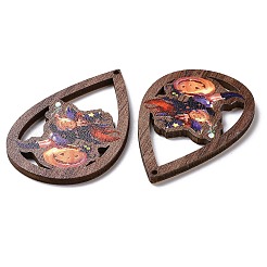 ハロウィンテーマの片面プリントアスペンウッドビッグペンダント  ティアドロップチャーム  魔女の模様  54.5x34x2.5mm  穴：1.6mm&nbsp;WOOD-G015-05C