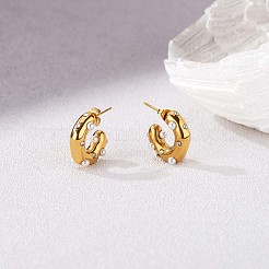 シェルパールCシェイプスタッドピアス、クリアキュービックジルコニア付き  430ステンレススチール製ハーフフープピアス（女性用）  ゴールドカラー  19x6mm&nbsp;JE948A