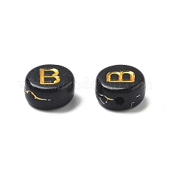 不透明なメッキアクリルビーズ  ゴールドライン入り  アルファベット付きフラットラウンド  文字B  7x3.5mm  穴：1.2mm  約3846個/500g&nbsp;OACR-R005-03B