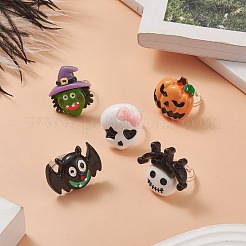 ハロウィンテーマの樹脂調節可能なリング  女性のためのシルバー真鍮ジュエリー  混合模様  内径：17mm&nbsp;RJEW-JR00554