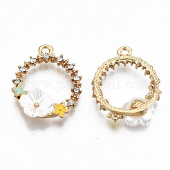 合金エナメルチャーム  クリスタルラインストーンとレジン  カドミウムフリー＆鉛フリー  花と蝶のリング  ライトゴールド  ホワイト  22x17.5x4.5mm  穴：1.6mm&nbsp;ENAM-S126-003B-RS