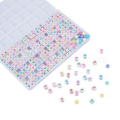 264 個 28 スタイル不透明 & 透明アクリルビーズ  文字と丸が付いた立方体  ミックスカラー  10~9.5x10x9~10mm  穴：2~3.8mm&nbsp;OACR-TA0004-78