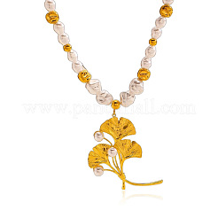 304 Stainless Steel Ginkgo Leaf Pendant Imitation Pearl Beaded Necklaces for Women&nbsp;WG458B2-01