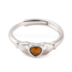 Hand with Heart Natural Tiger Eye Agate Adjustable Rings&nbsp;RJEW-Q817-06P-04