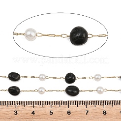 天然黒曜石の塊と316ステンレススチール製の手作りリンクチェーン  ABSの模造パールと  イオンプレーティング（ip）  ハンダ付け  スプールで  18KGP本金メッキ  5.5~12x5~9x3~7mm&nbsp;CHS-K021-14G-02