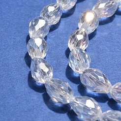 1連売り電気メッキガラスファセットティアドロップビーズ連売り  ABカラーメッキ  クリアAB  12x8mm  穴：1mm  60個/連  27.1インチ&nbsp;X-EGLA-D015-12x8mm-01
