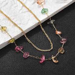 304ステンレススチールと天然ミックスストーンのカラフルなチップの二重層ネックレス（女性用）  18KGP本金メッキ  16.42インチ（41.7cm）&nbsp;NJEW-Z061-06G-01