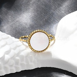 Flat Round 304 Stainless Steel White Shell Cuff Rings for Women&nbsp;RJEW-G346-10G-02