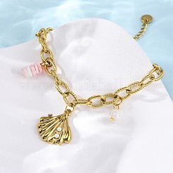304ステンレススチールアズキチェーンチャームブレスレット  貝殻とプラスチックパール付き  イオンプレーティング（ip）  シェル形状  18KGP本金メッキ  6-3/8インチ（16.3cm）&nbsp;BJEW-L708-05G