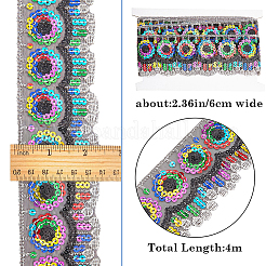 カラフルなスパンコールが付いた4~4.5mのエスニックスタイルのポリエステルレーストリム  キラキラ刺繍レースリボン  太陽模様  スレッドボビン1個付き ホワイトカード  ブラック  2-3/8インチ（60mm）&nbsp;OCOR-GF0002-39A
