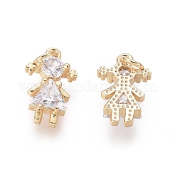 真鍮製チャーム  クリアキュービックジルコニアと丸カン付き  女の子  ゴールドカラー  12.5x8x3mm  穴：2.5mm&nbsp;ZIRC-L087-029G