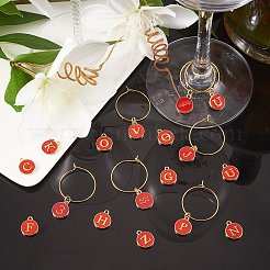 キットを作るDIYワイングラスチャーム  真鍮ワイングラスチャームリングを含む  数字とアルファベットと星座の合金エナメル ペンダント  レッド  148個/箱&nbsp;DIY-SZ0008-94B