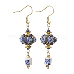 手作りの花柄プリント磁器製ぶら下がりピアス  天然のラピスラズリのビーズと  ガラスビーズ  合金ビーズと304ステンレス鋼製ピアスフック  ゴールドカラー  38.5x15.5mm&nbsp;EJEW-MZ00751