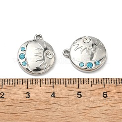 304ステンレススチールラインストーンペンダント  太陽と月のチャーム付きフラットラウンド  ステンレス鋼色  18x15x3.5mm  穴：1.2mm&nbsp;STAS-L308-06P