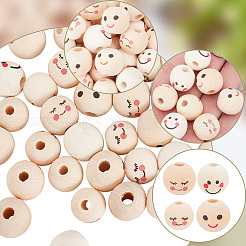 80個 4スタイル 天然木ヨーロピアンビーズ  大穴ビーズ  笑顔プリントラウンドビーズ  古いレース  15~18x16~18mm  穴：4~6mm  20個/スタイル&nbsp;WOOD-AR0001-38