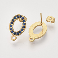 304ステンレススチールスタッドピアス金具  ラインストーン付き  ループとイヤーナット/ピアスバックキャッチ  オーバル  ゴールドカラー  サファイア  18.5x11.5x2mm  穴：1.5mm  ピン：0.8mm&nbsp;STAS-T052-03G-02