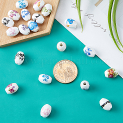 100個 10スタイルの手作りプリント磁器ビーズ  花柄とオーバル  ミックスカラー  14x10mm  穴：3mm  10個/スタイル  100個/セット&nbsp;PORC-AR0001-03