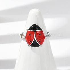 女性用真鍮エナメルカフリング  カドミウムフリー＆鉛フリー  てんとう虫  プラチナ  トレイ：15x14mm  内径: 調節可能&nbsp;RJEW-A059-03P