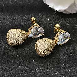 真鍮製クリアキュービックジルコニアダングルスタッドピアス  ティアドロップ  ゴールドカラー  32x13mm&nbsp;EJEW-A162-04G