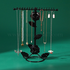 バラの花の鉄製ジュエリーディスプレイラック  ジュエリースタンド  ネックレスイヤリングブレスレットをぶら下げるため  ブラック  26x11x31cm&nbsp;PW-WG60758-01
