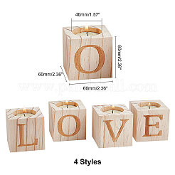 バレンタインデーの天然木のキャンドルホルダー  キャンドルウィック付き  キューブ  単語の愛  ビスク  キャンドルホルダー：60x60x60mm  穴：40mm  4個/袋&nbsp;AJEW-GA0002-72