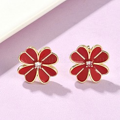 花真鍮エナメルスタッドのピアス  18KGP本金メッキ  レッド  17x17mm&nbsp;EJEW-C177-01G-01