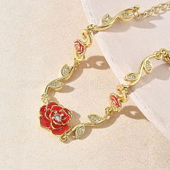 女性用真鍮マイクロパヴェクリアキュービックジルコニアリンクチェーンブレスレット  花バラ  エナメル  長持ちメッキ  ラックめっき  カドミウムフリー＆鉛フリー  18KGP本金メッキ  5.31インチ（13.5cm）&nbsp;BJEW-C156-05G