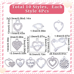 40スタイルの合金クリスタルラインストーンペンダント10個。  ハート＆フラットラウンドチャーム  プラチナ  13~20.5x11~20.5x1.5~3mm  穴：1.5~3.5mm  4個/スタイル&nbsp;ALRI-SC0001-35P