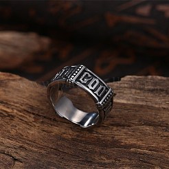 メンズステンレススチールフィンガー指輪  ワイドバンドリング  アンティークシルバー  usサイズ10（19.8mm）&nbsp;RJEW-BB29839-10