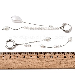 女性用304ステンレススチール＆ガラスパールタッセルフープピアス  ナゲット  左右  ステンレス鋼色  108ミリ＆105.5mm&nbsp;EJEW-G463-01P