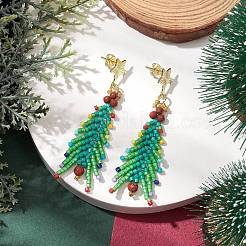 Christmas Tree Natural Red Jasper & Glass Seed Beads Dangle Stud Earrings for Women&nbsp;EJEW-MZ00157