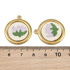 304ステンレススチール製＆刺繍入りペンダント  フラワーラウンドフラワーチャーム  ラベンダー  イオンプレーティング（ip）  長持ちメッキ  18KGP本金メッキ  26x23x4mm  穴：1.5mm&nbsp;SA-CBA1ED9-01G