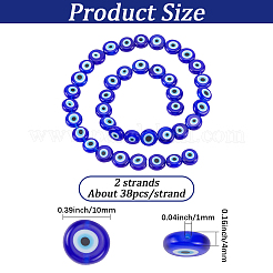 2連売り手作りのイーブルアイランプワークビーズ連売り  フラットラウンド  ブルー  10x4mm  穴：1mm  約38個/連  5.89''（14.96センチメートル）&nbsp;LAMP-PA0001-49