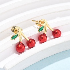 真鍮エナメルスタッドピアス  チェリー  18KGP本金メッキ  12.5x15mm&nbsp;EJEW-Q017-01B-G