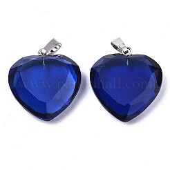 K9ガラスチャーム  ステンレス鋼のピンチベイルと鉄のループ付き  ハート  多面カット  ブルー  25x23.5x8mm  穴：2x7.5mm&nbsp;G-N0326-53