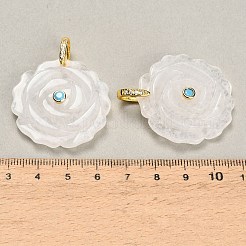 天然石クオーツクリスタルペンダント  花のチャーム  真鍮パヴェキュービックジルコニア留め  ゴールドカラー  34.5~35x34~35x9mm  穴：6.5x9mm&nbsp;GG-CBA4625-05G-05