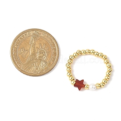 宝石の指輪  スター  真鍮と貝殻のパールビーズ付き  3~6mm  内径：20mm&nbsp;RJEW-JR00959