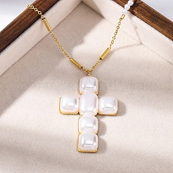 Cross 304 Stainless Steel & Plastic Pearl Pendant Necklaces for Women&nbsp;NJEW-U032-12G