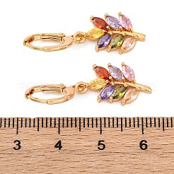 真鍮マイクロパヴェキュービックジルコニアフレンチフックピアス  ラックめっき  長持ちメッキ  鉛フリー＆カドミウムフリー  葉  ゴールドカラー  31x11mm&nbsp;EJEW-K300-25G