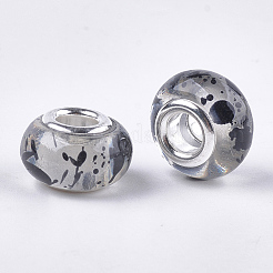 レジンヨーロピアンビーズ  大穴ビーズ  シルバーカラーメッキ真鍮コア付き  ロンデル  ブラック  14x8.5~9mm  穴：5mm&nbsp;RPDL-S013-09A
