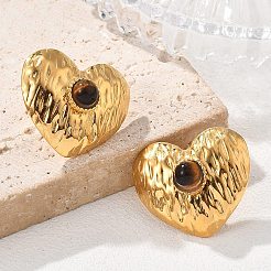 304ステンレススチールタイガーアイスタッドピアス  ハート  18KGP本金メッキ  20.5x23mm&nbsp;EJEW-V016-03G