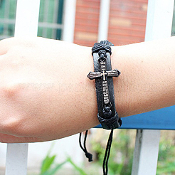 Adjustable Cross with Word Iron Braided Leather Cord Bracelets&nbsp;BJEW-P0001-02B
