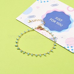 ガラスチャームブレスレット  真鍮カーブチェーンを有する  304ステンレススチールのハートチャームとロブスタークロウ留め金  18KGP本金メッキ  空色  7-1/2インチ（19cm）&nbsp;BJEW-JB05600-01