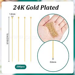 304ステンレススチールボールヘッドピン200個  24KGP本金メッキ  50x0.6mm  22ゲージ  ヘッド：1.8mm&nbsp;STAS-PH0006-92