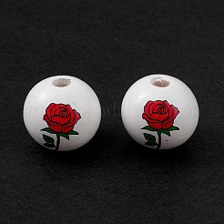 印刷された天然木のヨーロッパのビーズ  大穴ビーズ  花模様の丸  レッド  19mm  穴：4mm&nbsp;WOOD-C015-03A