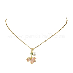 真鍮エナメル＆シェルパールピンクの蓮の花ペンダント、304ステンレススチール製サテライトチェーンネックレス（女性用）  ゴールドカラー  15.91インチ（40.4cm）&nbsp;NJEW-JN06112