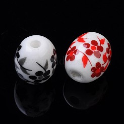 花柄プリントの磁器ビーズ  花柄のセラミックビーズ  オーバル  ミックスカラー  12x10x10mm  穴：2mm&nbsp;PORC-S435-M