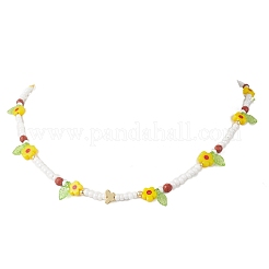 3Pcs 3 Colors Faceted Round Natural Red Jasper & Dyed White Jade & Agate & Flower Handmade Millefiori Glass & Glass Seed Beaded Necklaces for Women&nbsp;NJEW-MZ00150