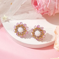 Flower Glass Seed Beaded with Natural Mashan Jade Stud Earrings for Women&nbsp;EJEW-MZ00208-03